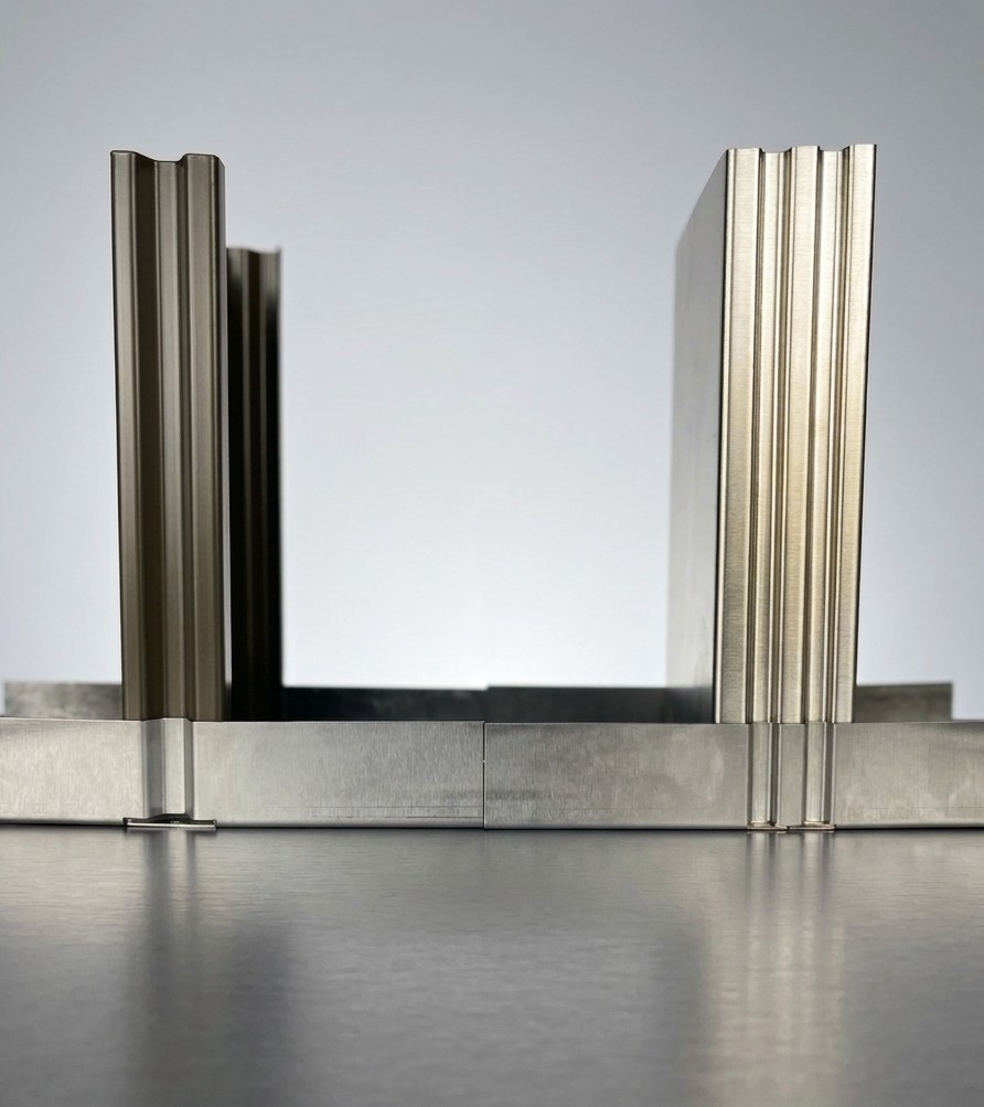 Two Studzilla studs seated in track, showing the proprietary groove and rib geometry side by side